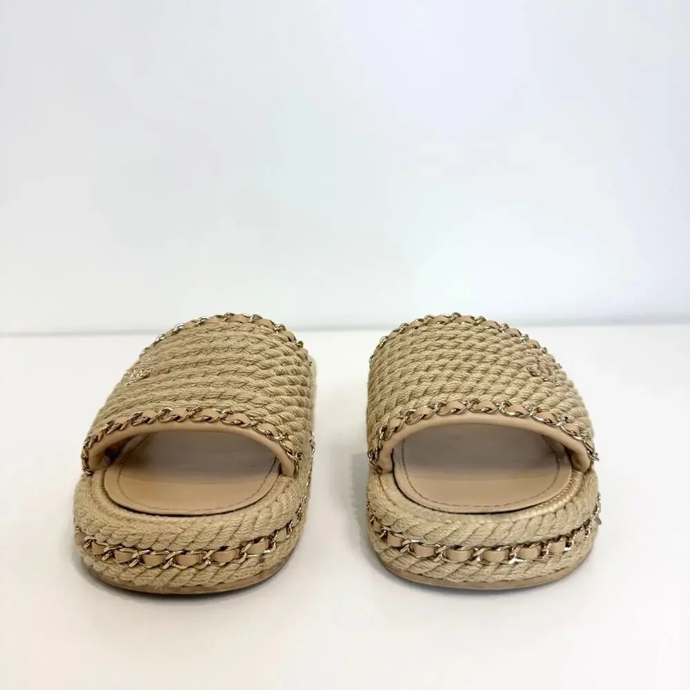 CHANEL Braided Rope Slide Sandals Gold 19 Metal Leather Chain Accents 40 Shoes